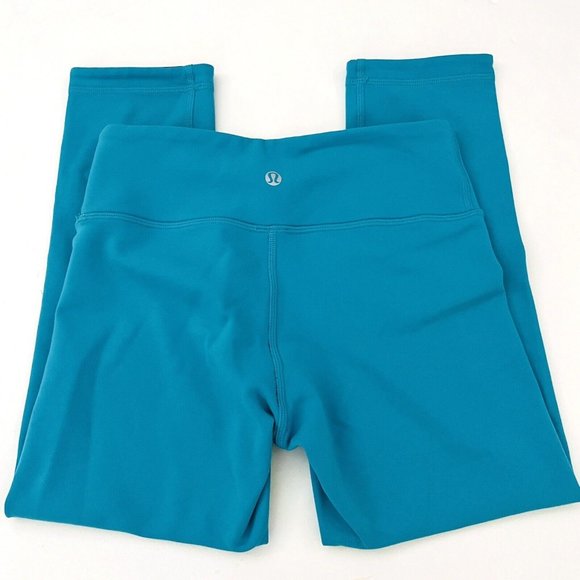 Lululemon Size 4 Crop Leggings Turquoise Blue High Rise Wide Flat Waistband - Picture 2 of 5